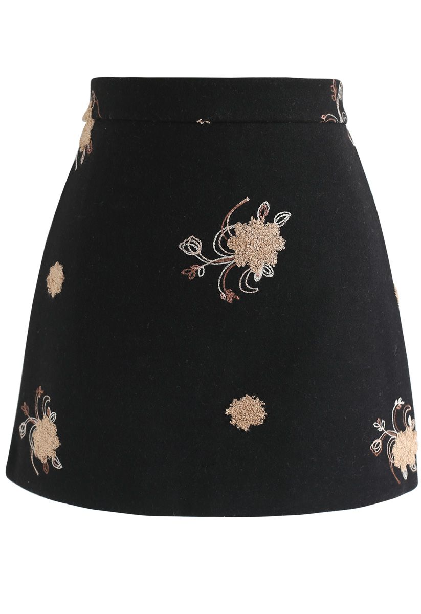 Pleased To Be Bouquet Wool-Blend Mini Skirt in Black - Retro, Indie and ...