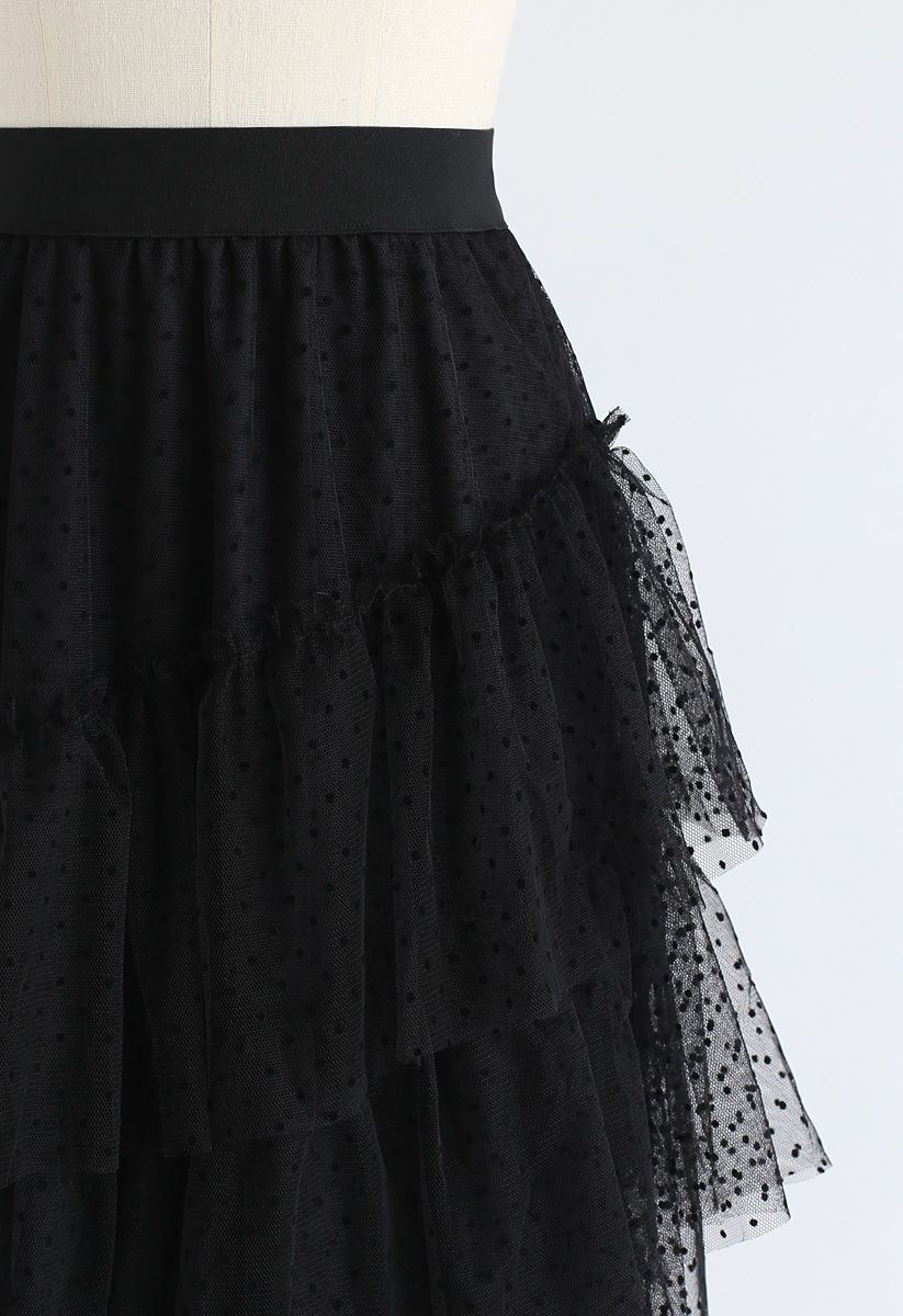 Holly Night Dots Asymmetric Ruffle Mesh Skirt in Black - Retro, Indie ...