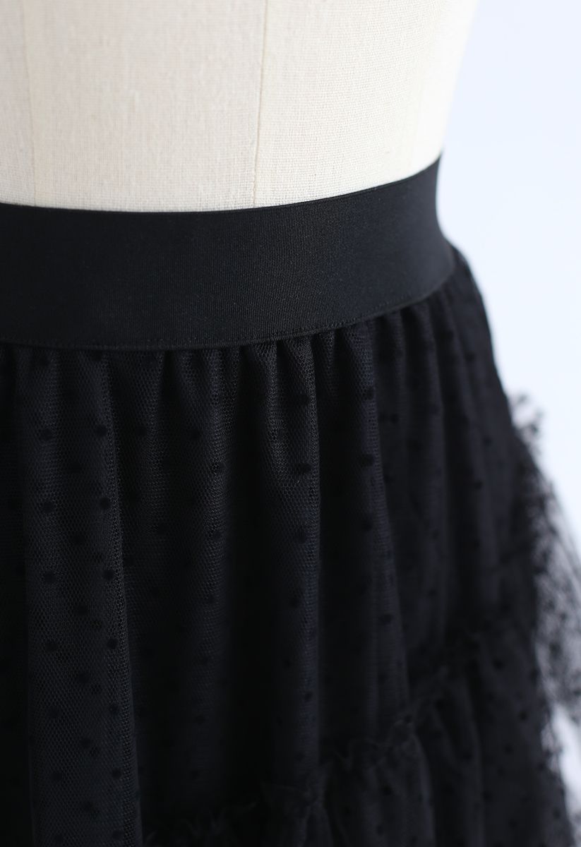 Holly Night Dots Asymmetric Ruffle Mesh Skirt in Black - Retro, Indie ...