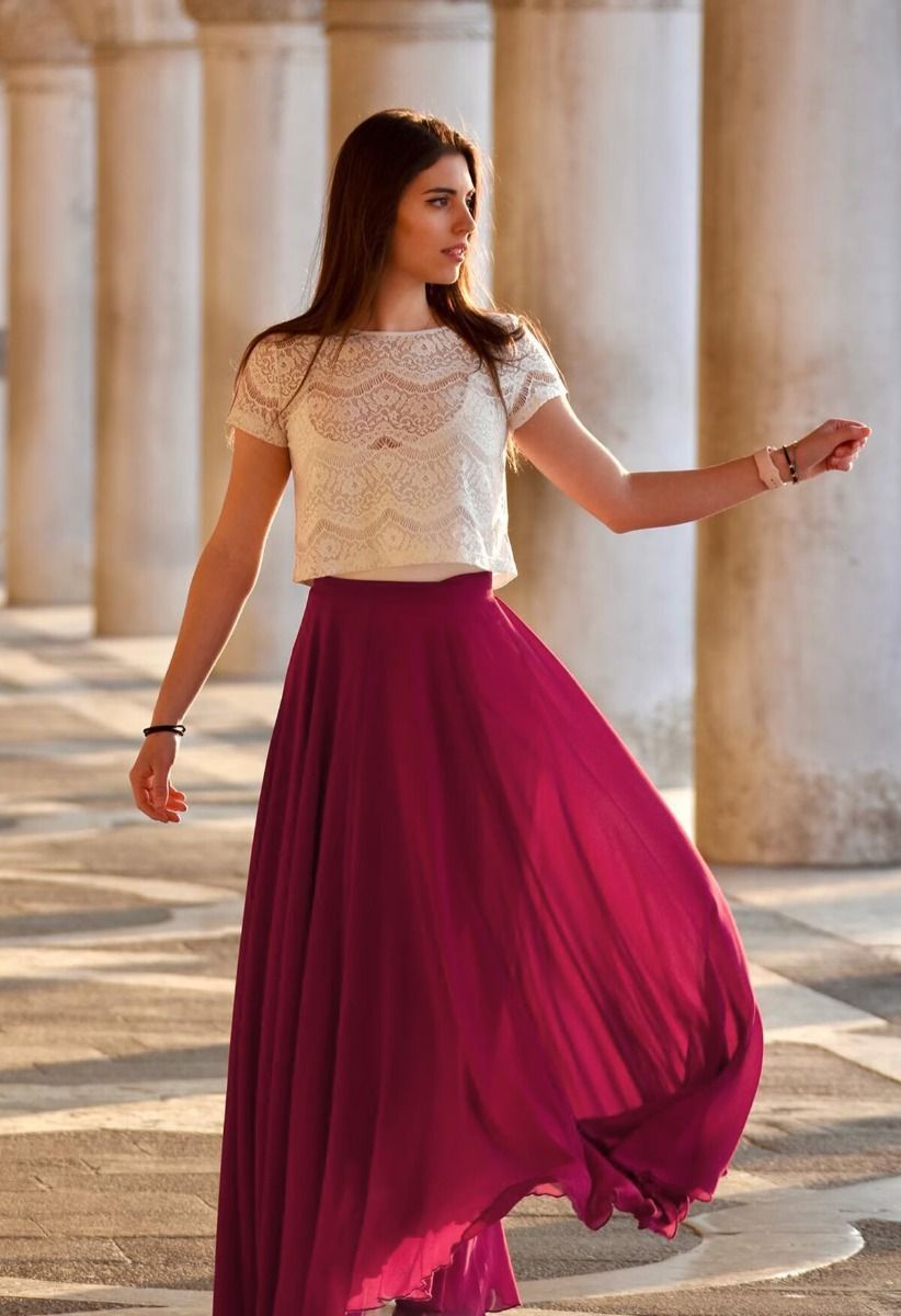 Timeless Favorite Chiffon Maxi Skirt in Wine - Retro, Indie and