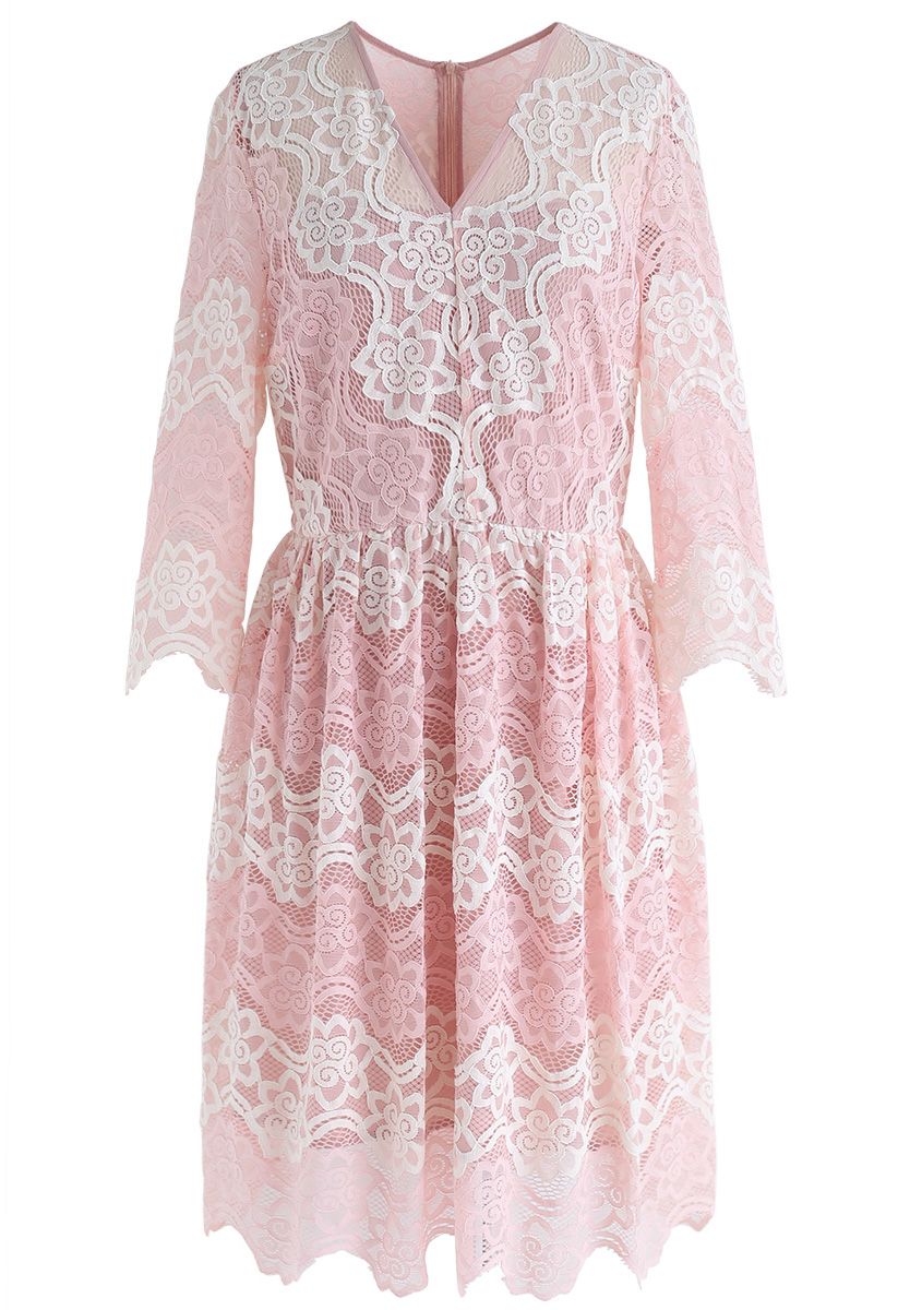Stay in Love V-Neck Lace Dress in Pink - Retro, Indie and Unique Fashion