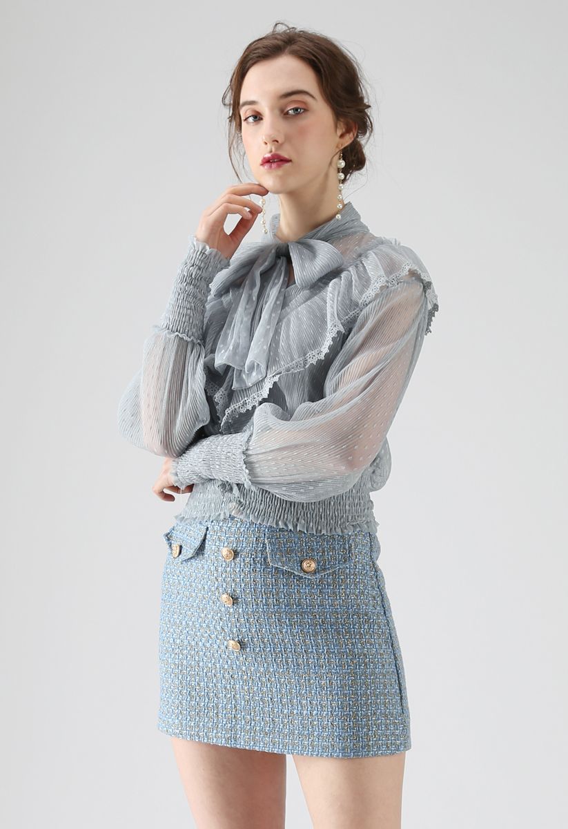 All We Know Bowknot Ruffle Mesh Top in Dusty Blue - Retro, Indie and ...