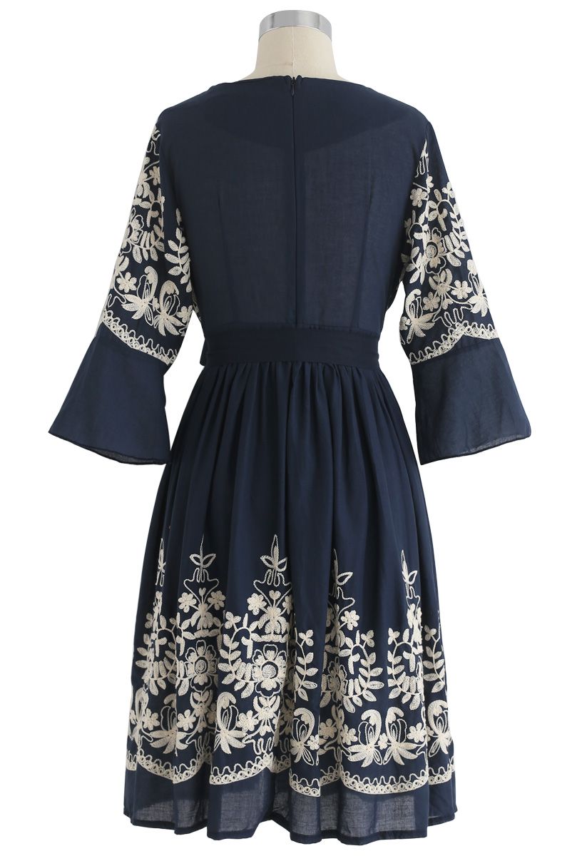 Bloom Merrymaking Embroidered Dress in Navy - Retro, Indie and Unique ...