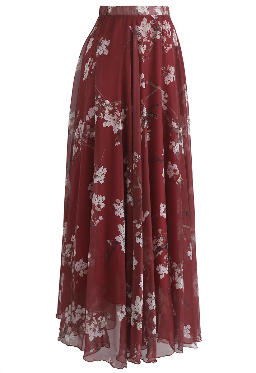 Wine and in Blossom Watercolor - Indie Plum Fashion Skirt Unique Retro, Maxi