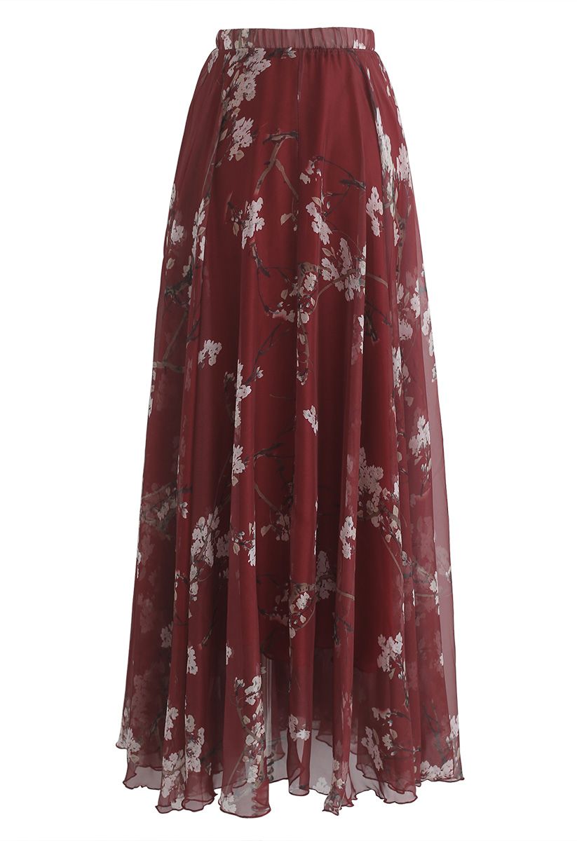 Plum Blossom Watercolor Maxi Skirt in Wine - Retro, Indie and Unique ...
