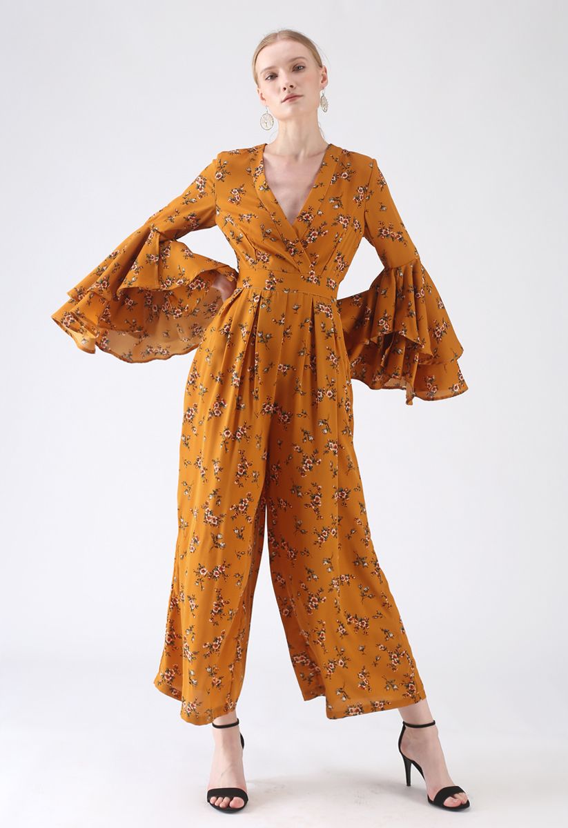 Azalea Blossom Jumpsuit with Tiered Bell Sleeves in Mustard - Retro ...