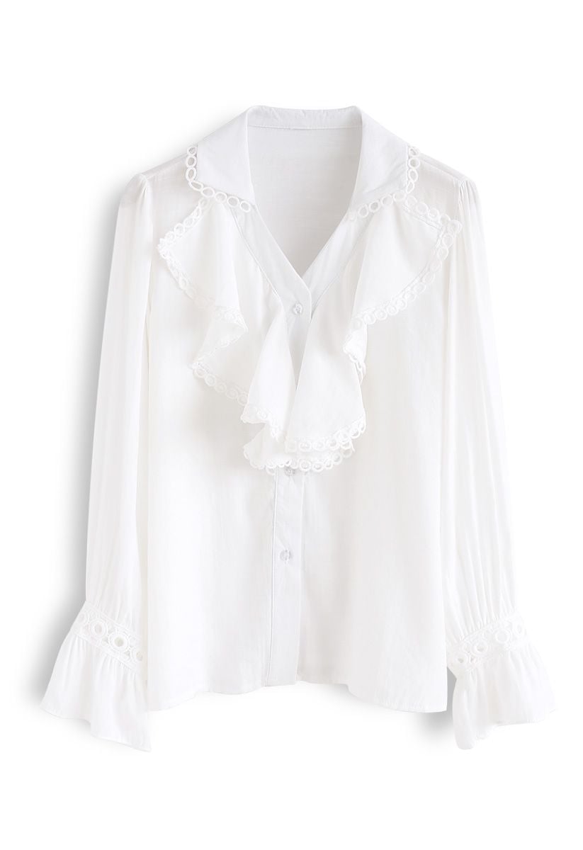 Sounds of Spring V-Neck Ruffle Top in White