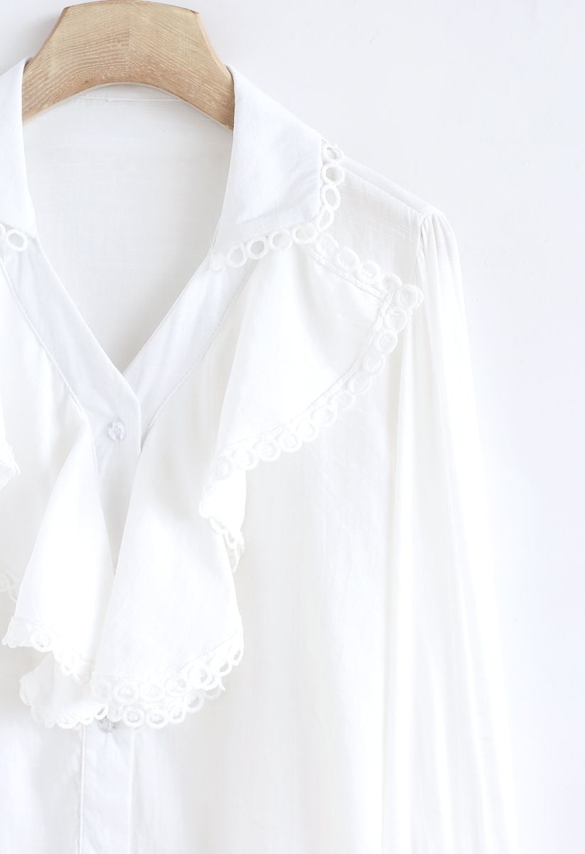 Sounds of Spring V-Neck Ruffle Top in White