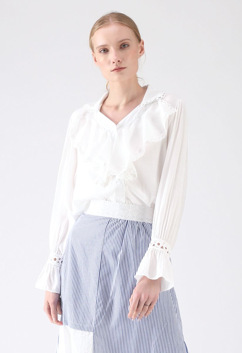 Sounds of Spring V-Neck Ruffle Top in White