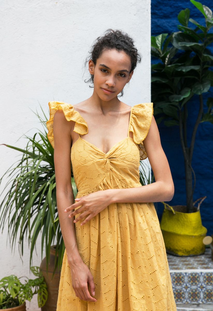 Sending Love Embroidered Eyelet Maxi Dress in Mustard - Retro, Indie ...