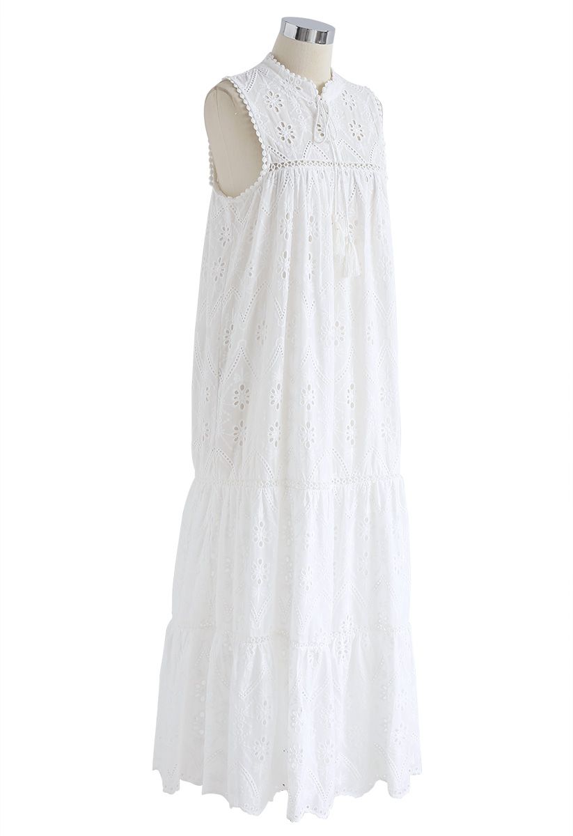 Try To Be Boho Embroidered Eyelet Maxi Dress in White - Retro, Indie ...