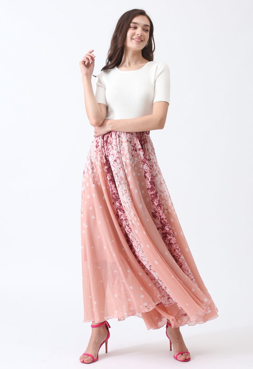Cherry Blossom Watercolor Chiffon Maxi Skirt - Retro, Indie and Unique ...