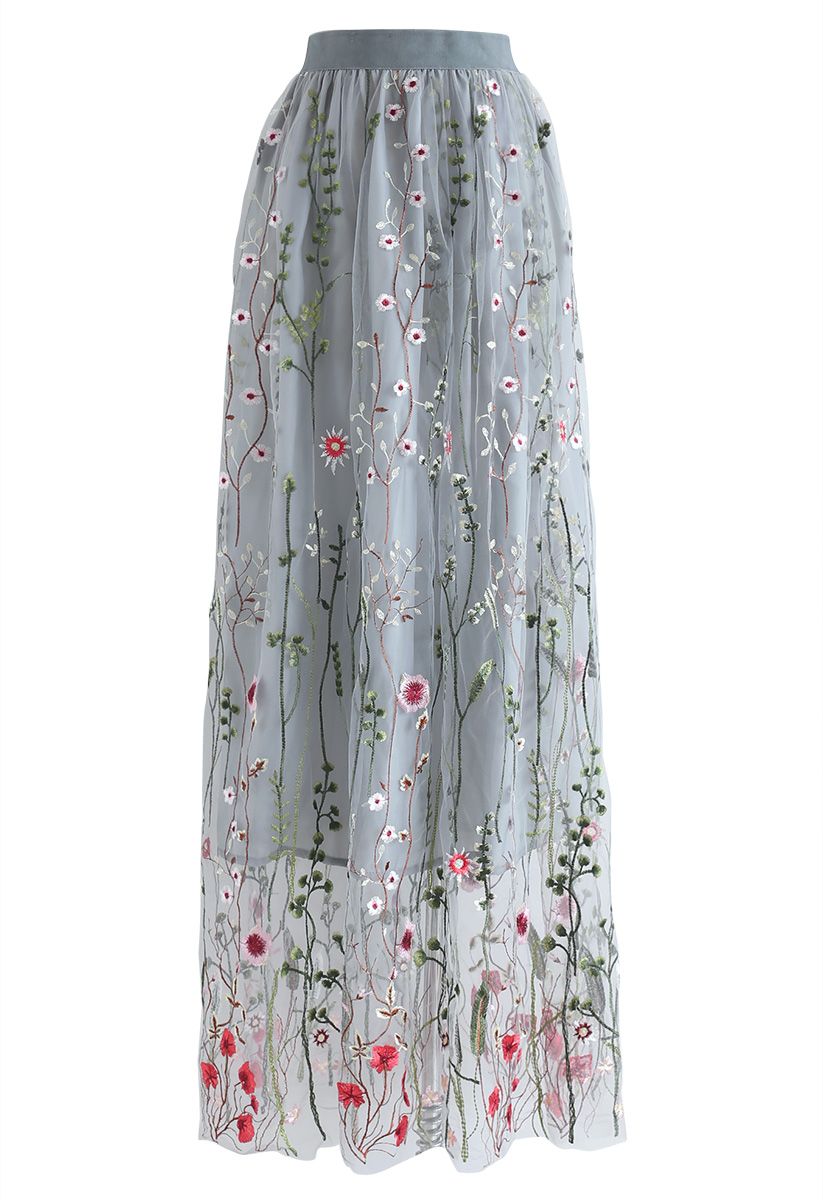 Lost in Flowering Fields Mesh Maxi Skirt in Grey - Retro, Indie and ...