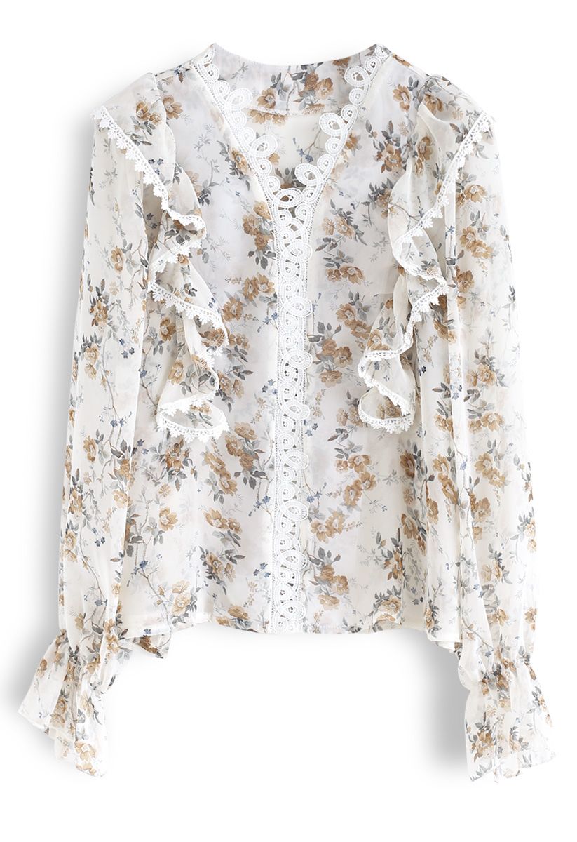 Bloom Boldly Ruffle Sheer Top in Ivory - Retro, Indie and Unique Fashion