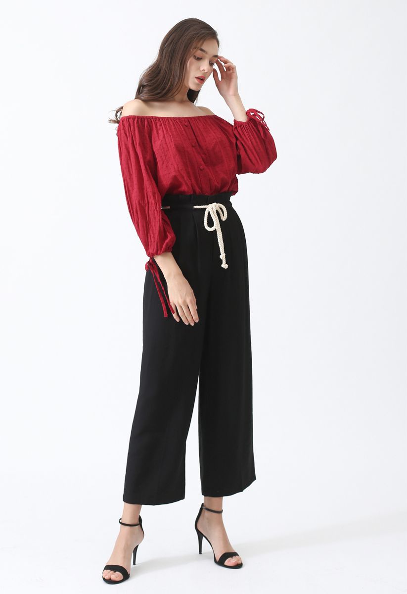 Strolling Rope Waist Wide-Leg Pants in Black