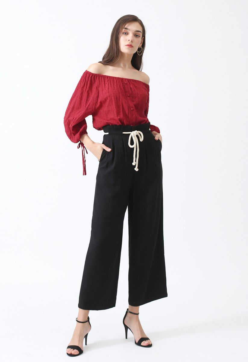 Strolling Rope Waist Wide-Leg Pants in Black