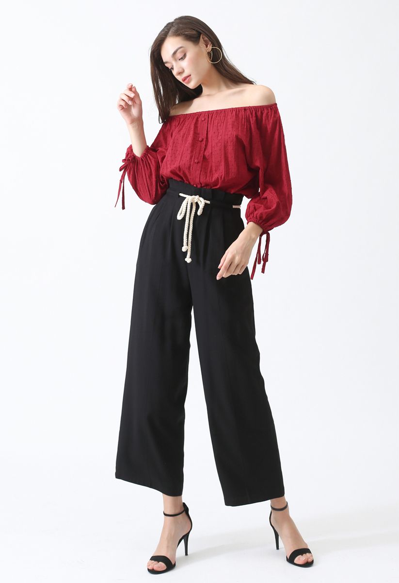 Strolling Rope Waist Wide-Leg Pants in Black