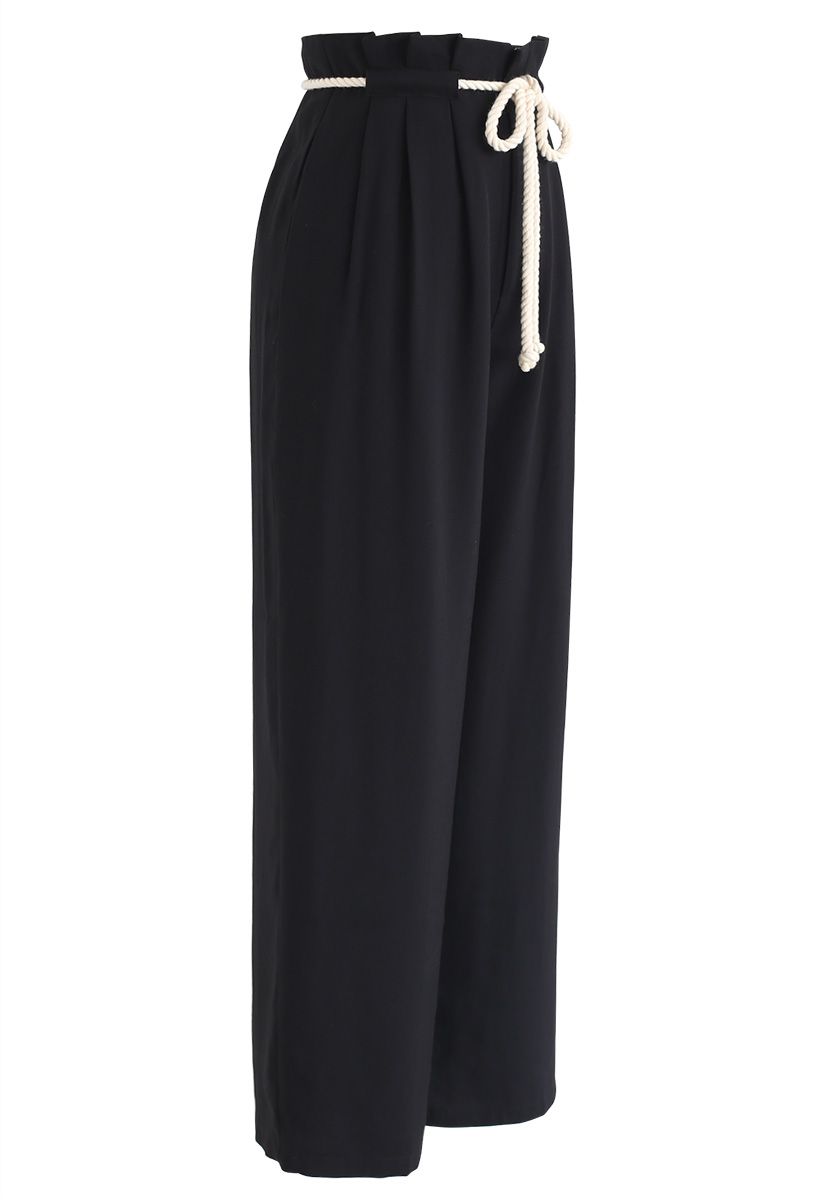 Strolling Rope Waist Wide-Leg Pants in Black