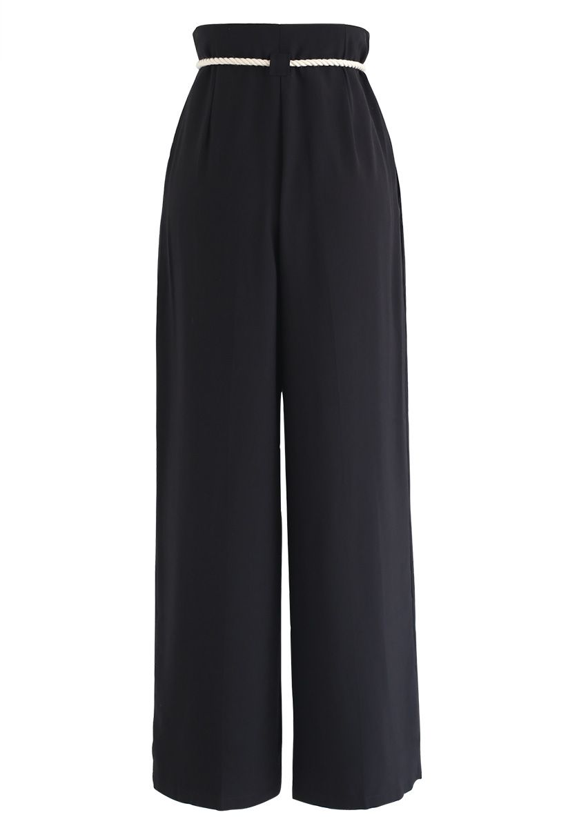 Strolling Rope Waist Wide-Leg Pants in Black