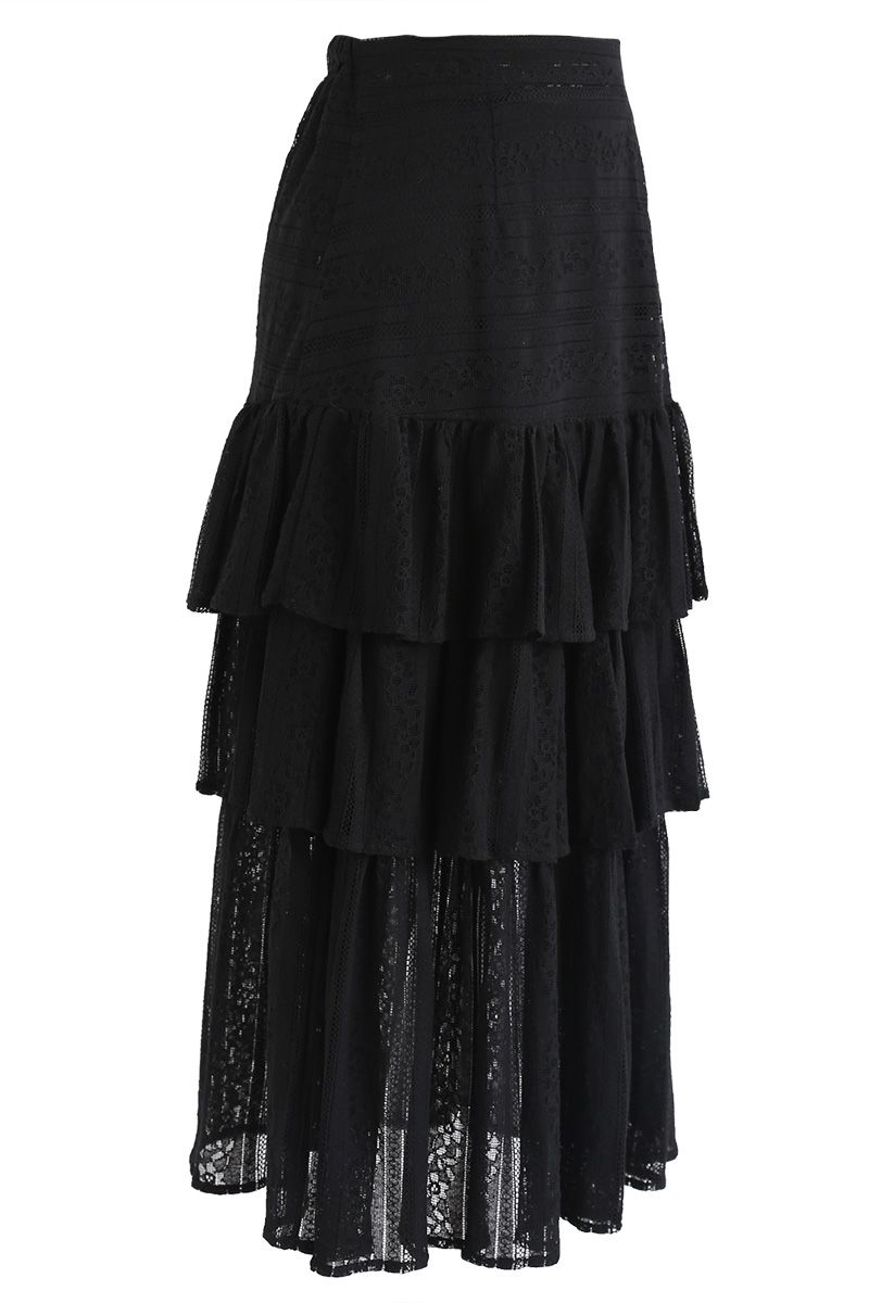 Up All Night Tiered Lace Midi Skirt in Black - Retro, Indie and Unique ...