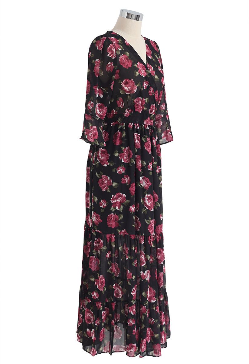 Stunning Rose Wrapped Ruffle Maxi Dress in Black - Retro, Indie and ...