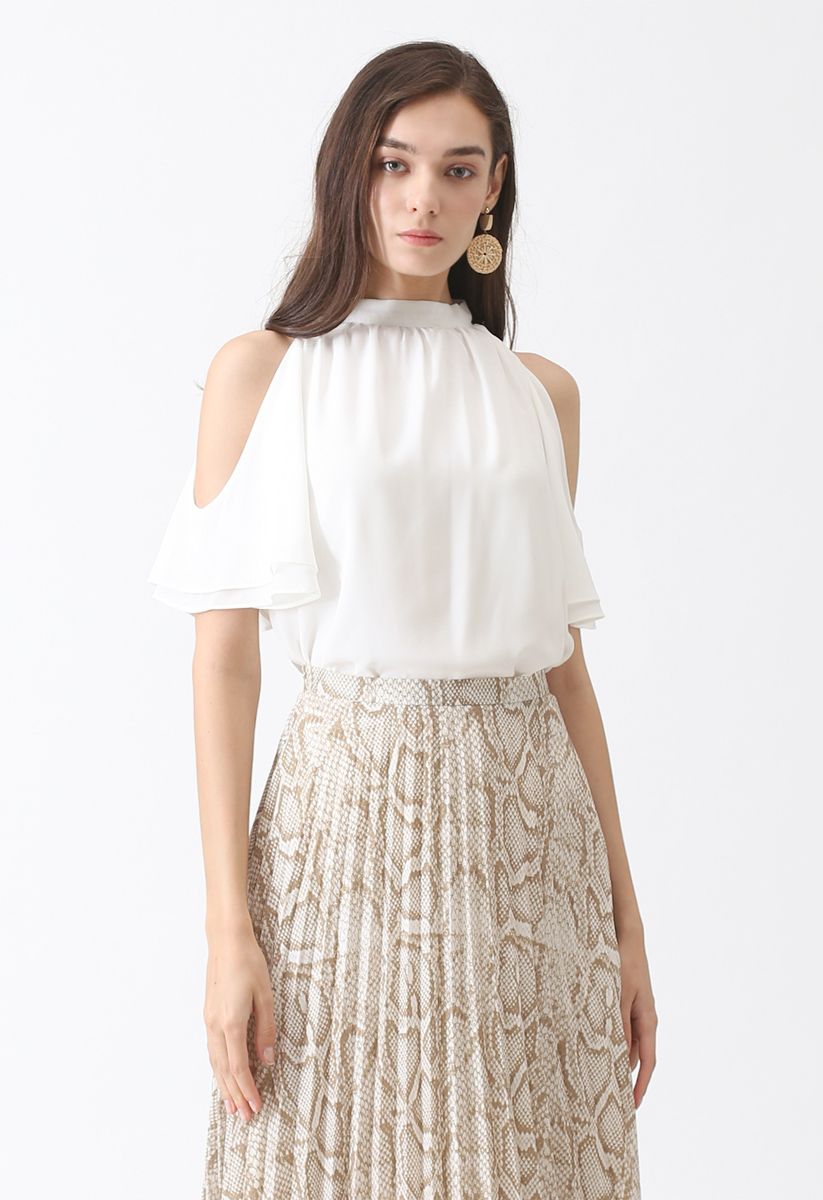 Turn it Up Cold-Shoulder Chiffon Top in White