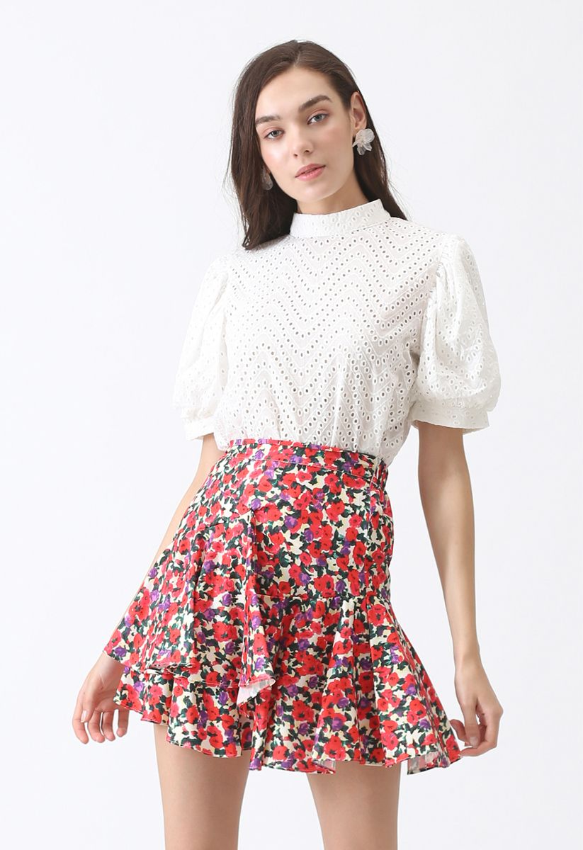 Floral Crush Asymmetric Ruffle Mini Skirt