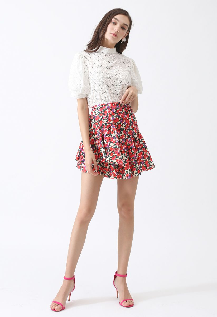 Floral Crush Asymmetric Ruffle Mini Skirt