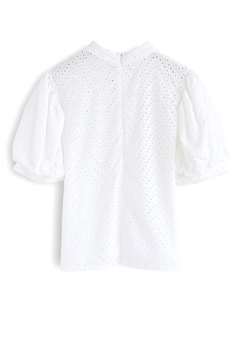 Zig Zag Eyelet Puff Sleeves Top - Retro, Indie and Unique Fashion