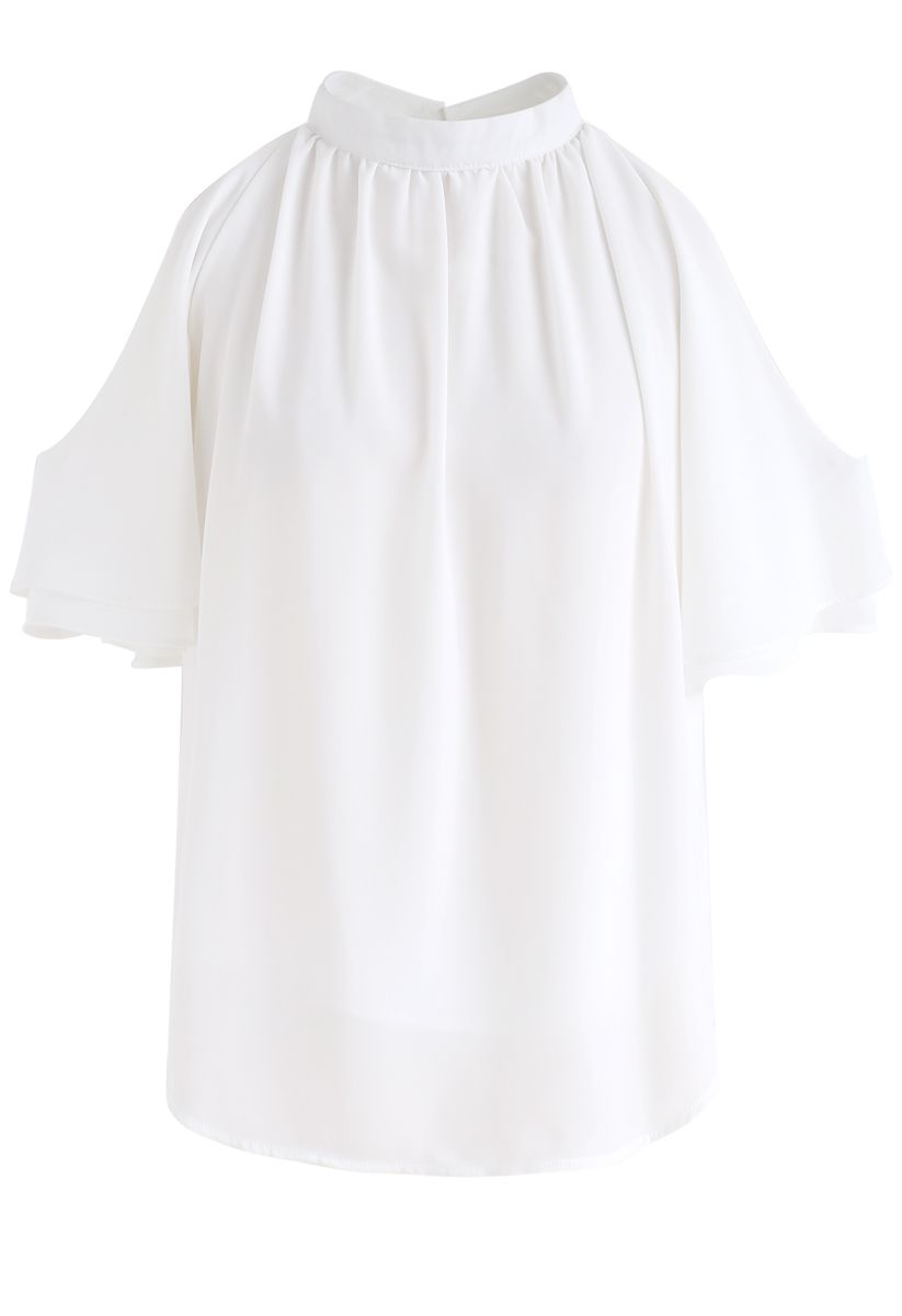 Turn it Up Cold-Shoulder Chiffon Top in White - Retro, Indie and Unique ...