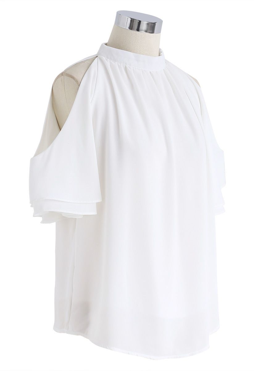 Turn it Up Cold-Shoulder Chiffon Top in White