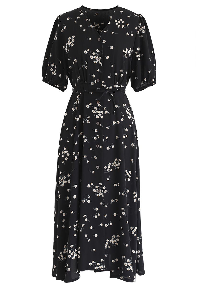 Meet Me In Daisy Field Button Down Dress in Black - Retro, Indie and ...