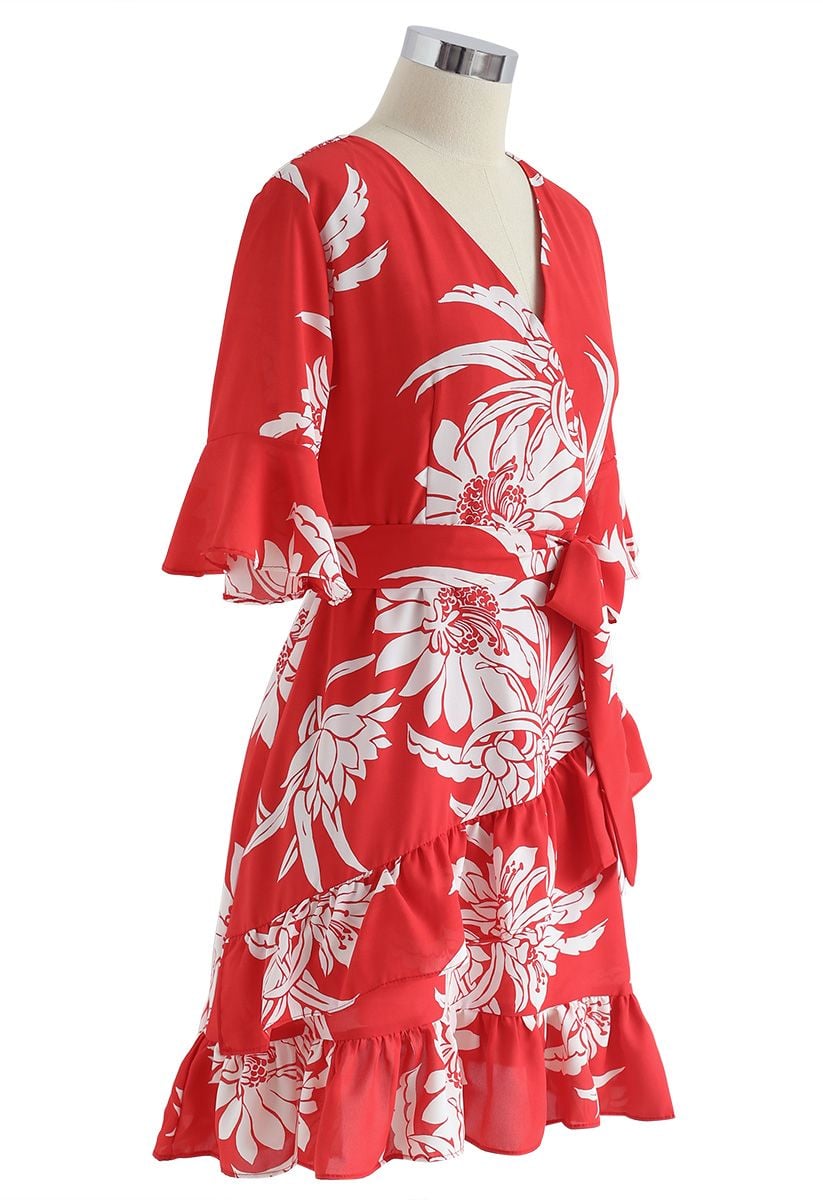 Summer Red Floral Print Ruffle Dress