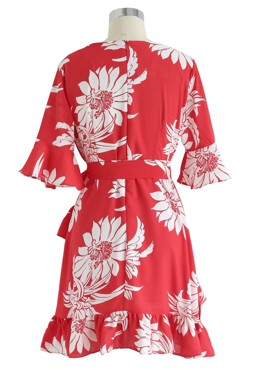 Summer Red Floral Print Ruffle Dress