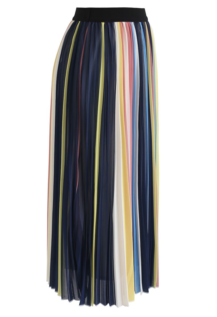 Contrasted Color Stripes Pleated Midi Skirt in Blue - Retro, Indie and ...