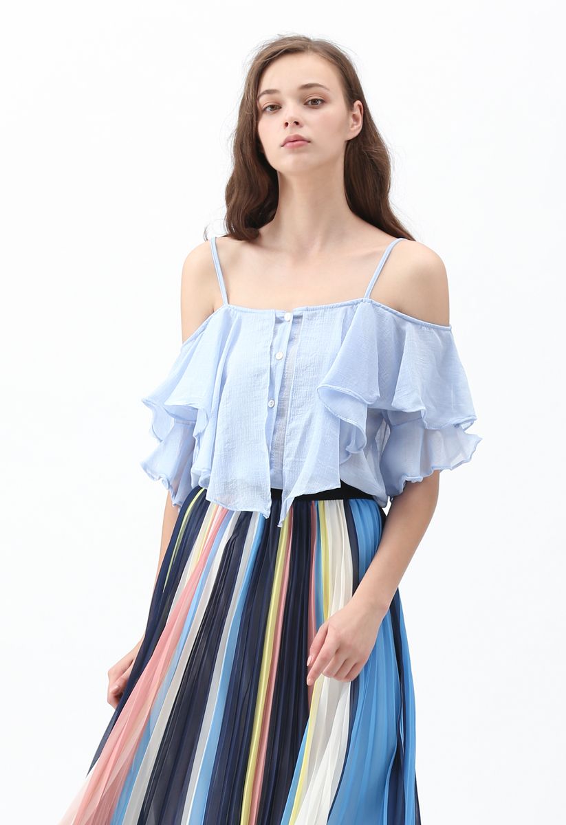 Lovely Me Cold-Shoulder Ruffle Top in Blue