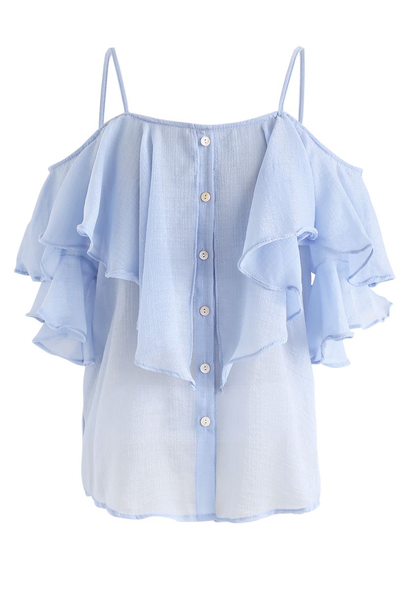 Lovely Me Cold-Shoulder Ruffle Top in Blue - Retro, Indie and Unique ...