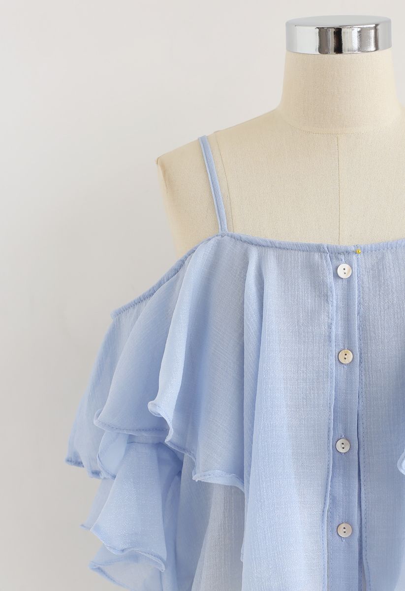 Lovely Me Cold-Shoulder Ruffle Top in Blue