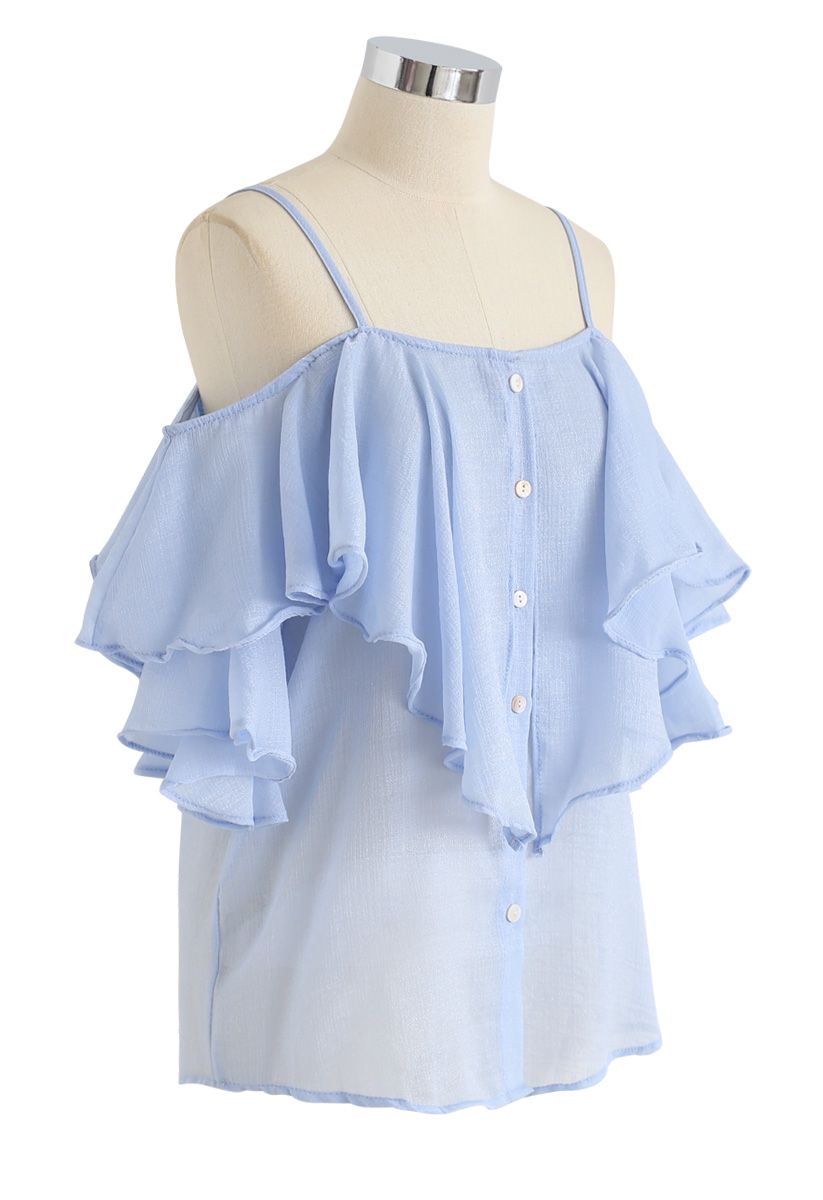 Lovely Me Cold-Shoulder Ruffle Top in Blue