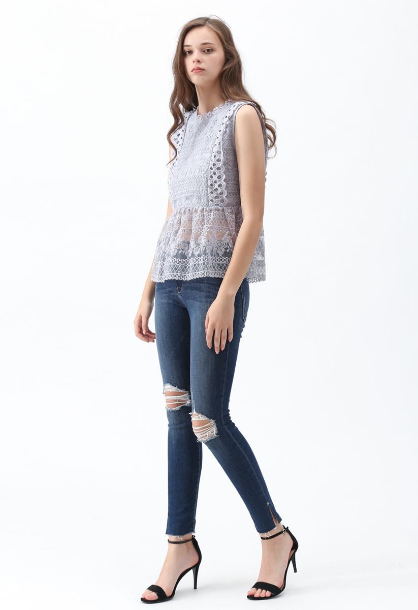 Garden Date Embroidered Sleeveless Sheer Top in Grey