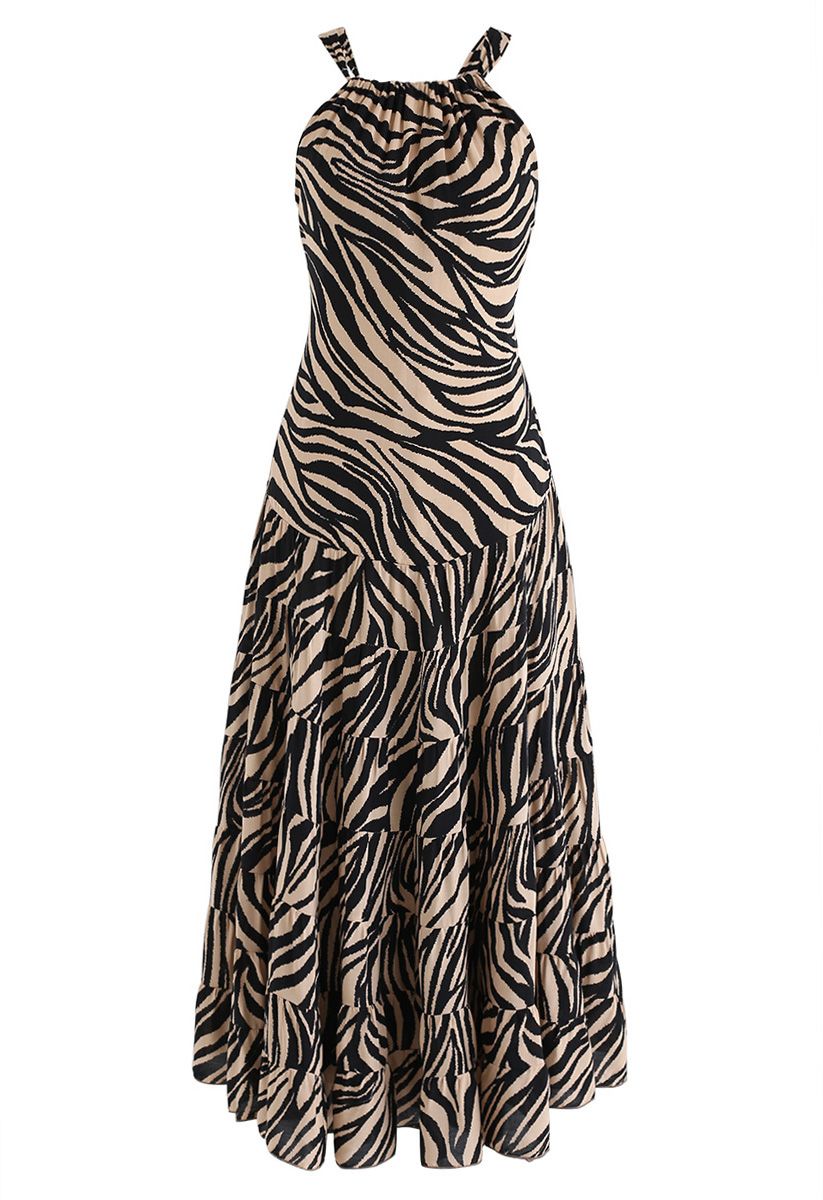 Zebra-Stripe Open Back Maxi Dress in Caramel