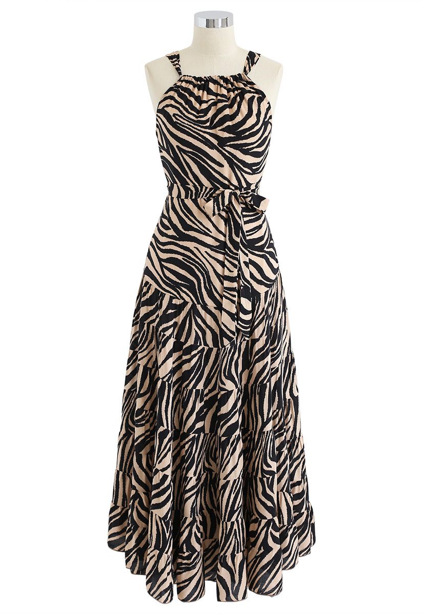 Zebra-Stripe Open Back Maxi Dress in Caramel