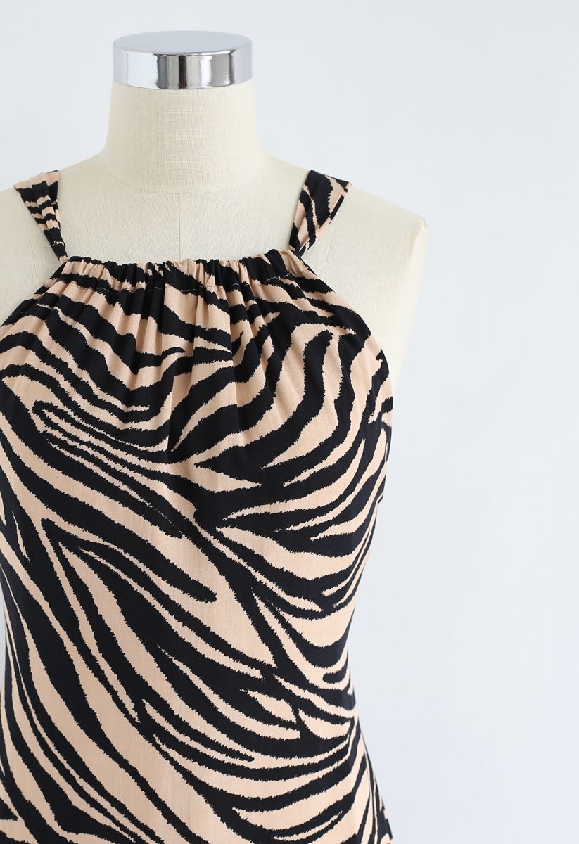 Zebra-Stripe Open Back Maxi Dress in Caramel