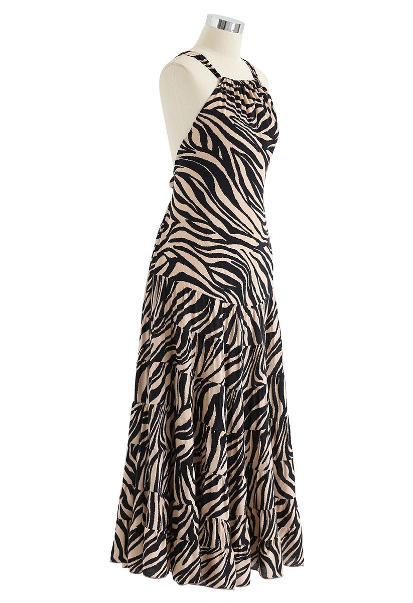 Zebra-Stripe Open Back Maxi Dress in Caramel