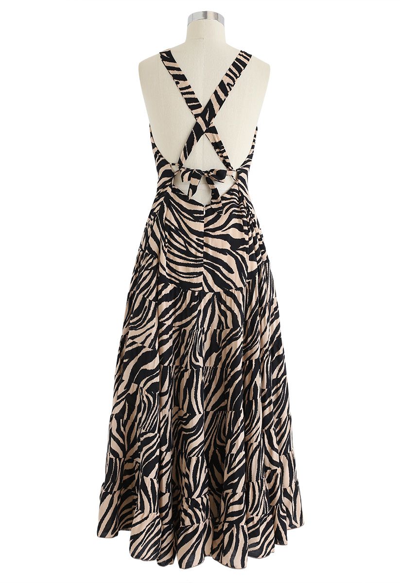 Zebra-Stripe Open Back Maxi Dress in Caramel