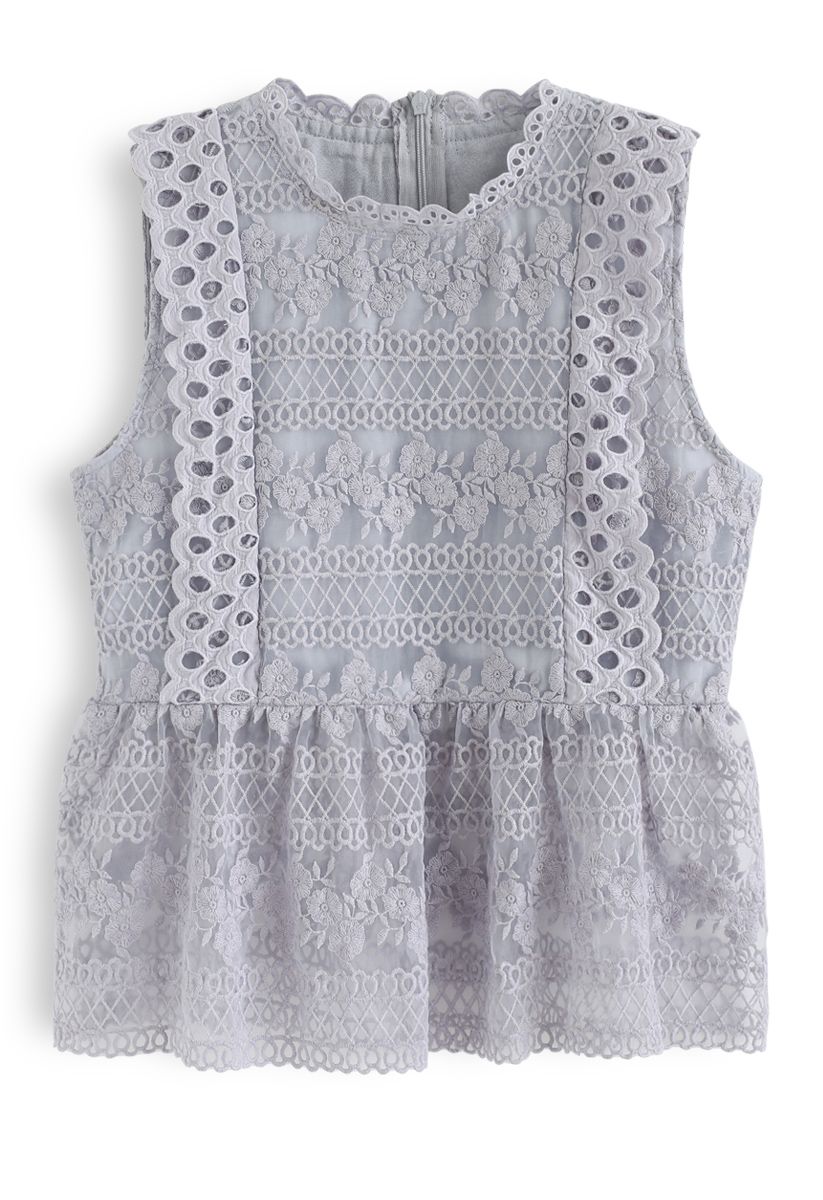 Garden Date Embroidered Sleeveless Sheer Top in Grey