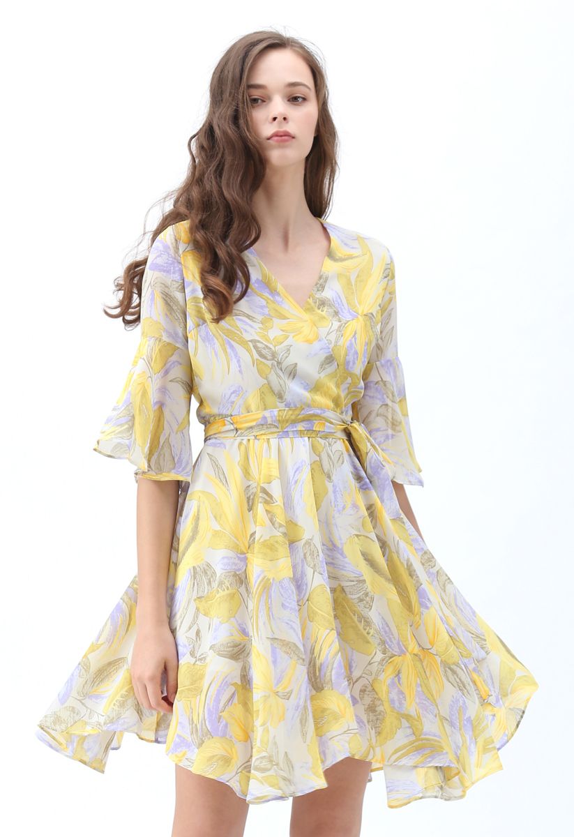 Tropical Splendor Watercolor Printed Wrap Dress in Yellow