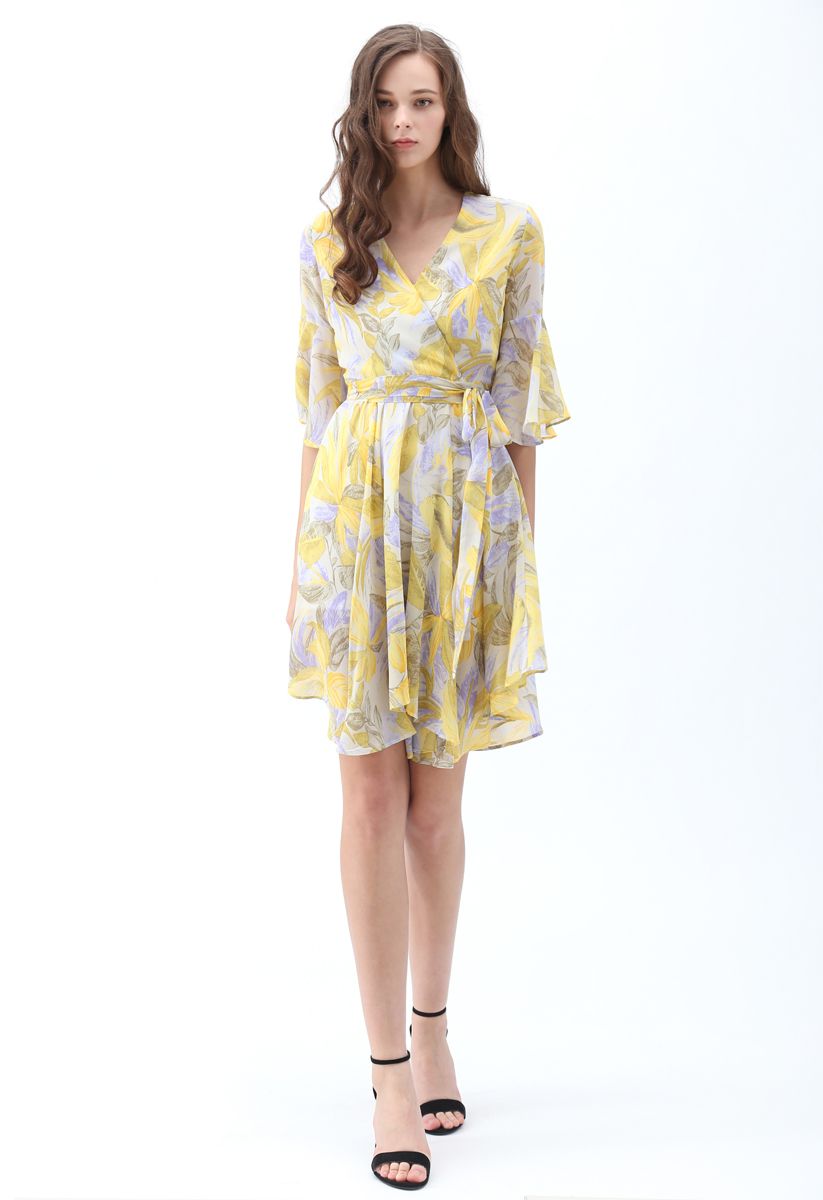 Tropical Splendor Watercolor Printed Wrap Dress in Yellow