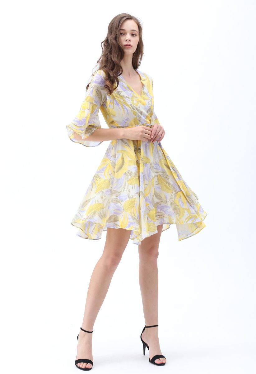 Tropical Splendor Watercolor Printed Wrap Dress in Yellow