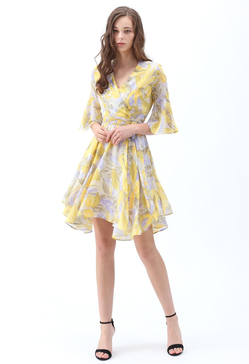 Tropical Splendor Watercolor Printed Wrap Dress in Yellow